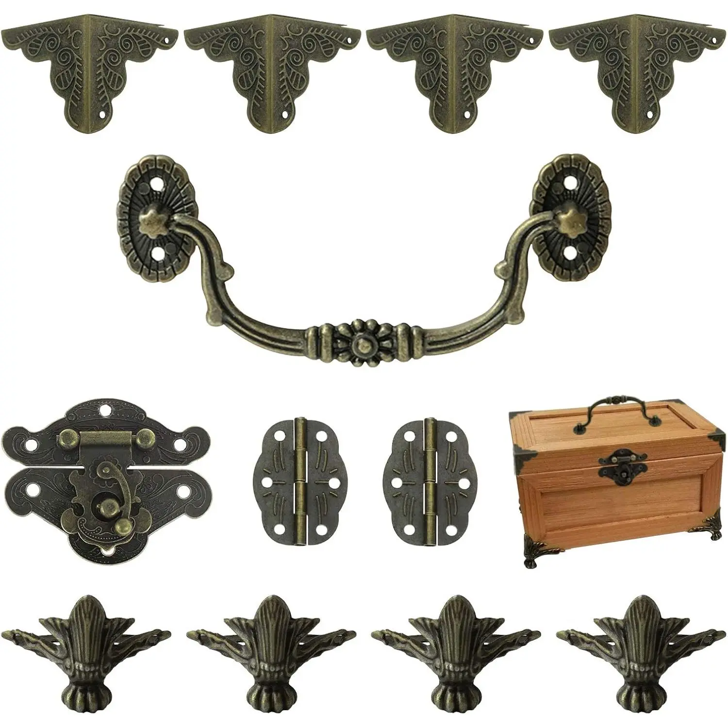 Box Antique Lock Latch Hasp Hinges Handle Box Corner Protectors Kit for DIY  Box Bronze,  Case  Chest Storage Box   Corner Protector, Box not Included