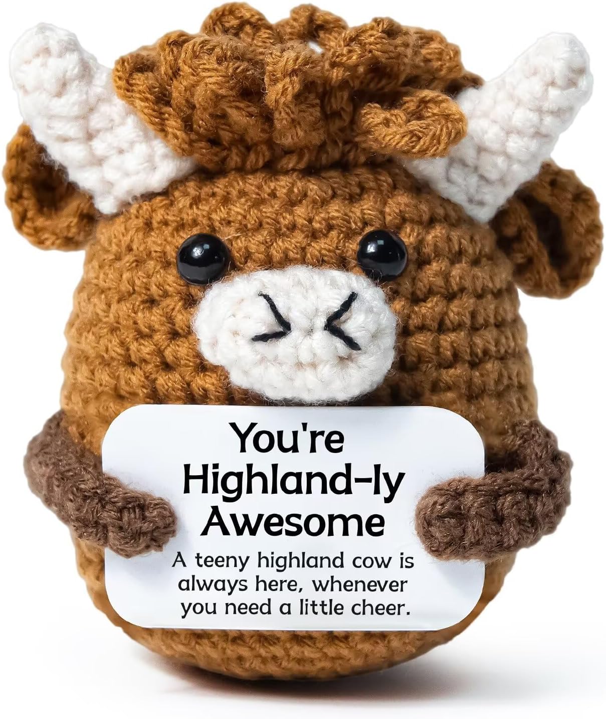 Emotional Support Highland Cow Cute Crochet Desk Decor, Mini Funny Adorable Stuffed Highland Cow Figurine, Positive Crochet Animal Ornament for Women & Coworkers, Heartwarming Cheer Up Gifts & Lovely Desktop Decor to Boost Mood Daily