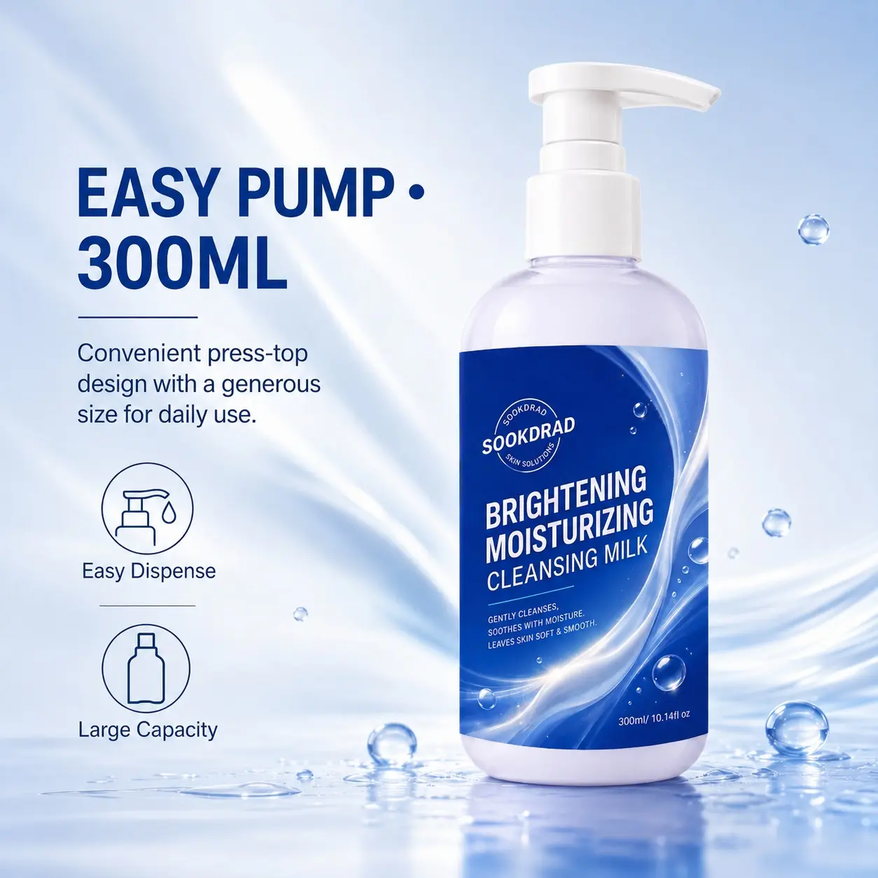 Cleansing Milk, brightening, moisturizing, gently cleanse, soothe with moisture, leave skin soft and smooth, face, unisex, all skin types, daily cleansing, 300ml/10.14fl oz