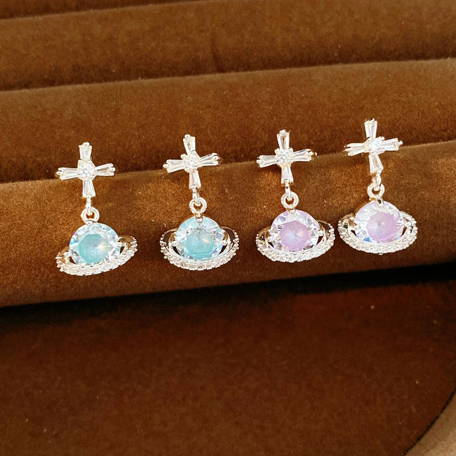 925 Silver Needle Cross Saturn Earrings | Minimalist Cool Style Zircon Planet Earrings Luxury Jewelry