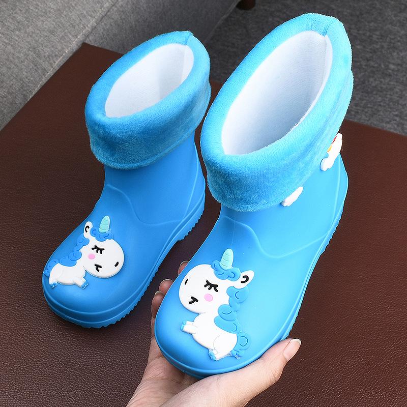 Children's Rain Boots Girls' Elastic Cuff Fleece-Lined Boys' Non-Slip Water Shoes Four Seasons Cartoon Cute Princess Rain Boots Kids' Rain Shoes