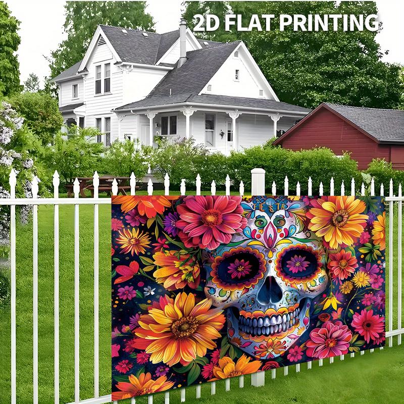 1pc Large Sugar Skull Floral Party Banner - Vibrant Mexican Day of the Dead Decoration with Floral Patterns, Extra Long Backdrop for Halloween, Dia de los Muertos, Wedding, Birthday, Home Decor - Easy Hang No Electricity Needed - Durable Polyester Fabric,