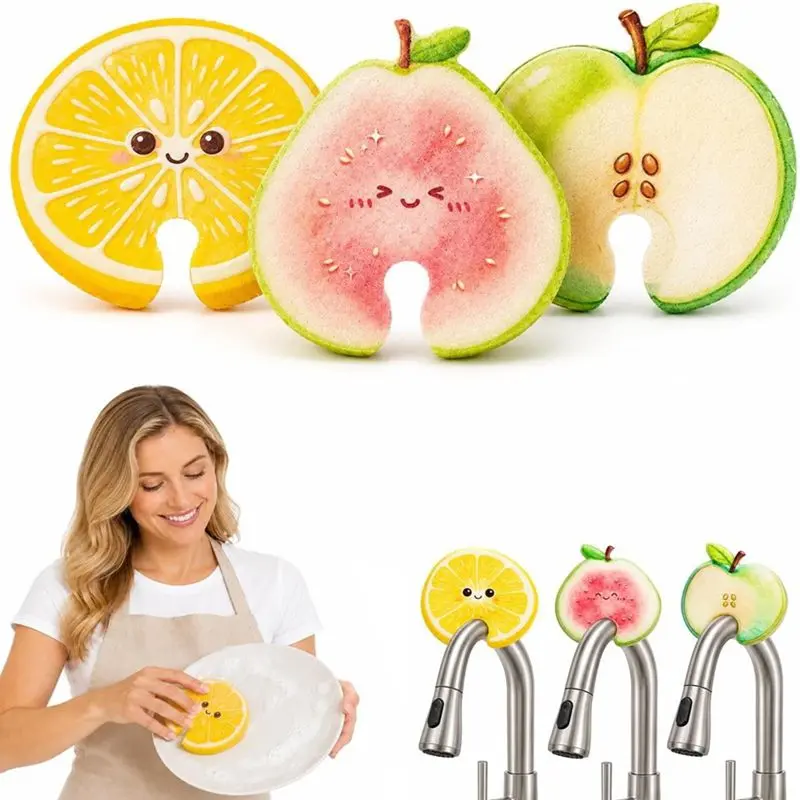 3-Pack Cute Fruit-Shaped Dish Sponges, Multifunctional Kitchen Cleaning Brushes Compressed cellulose sponges—dish sponges that won’t scratch, suitable for large quantities of tableware, pots, and dishes, Scrubber Sponge