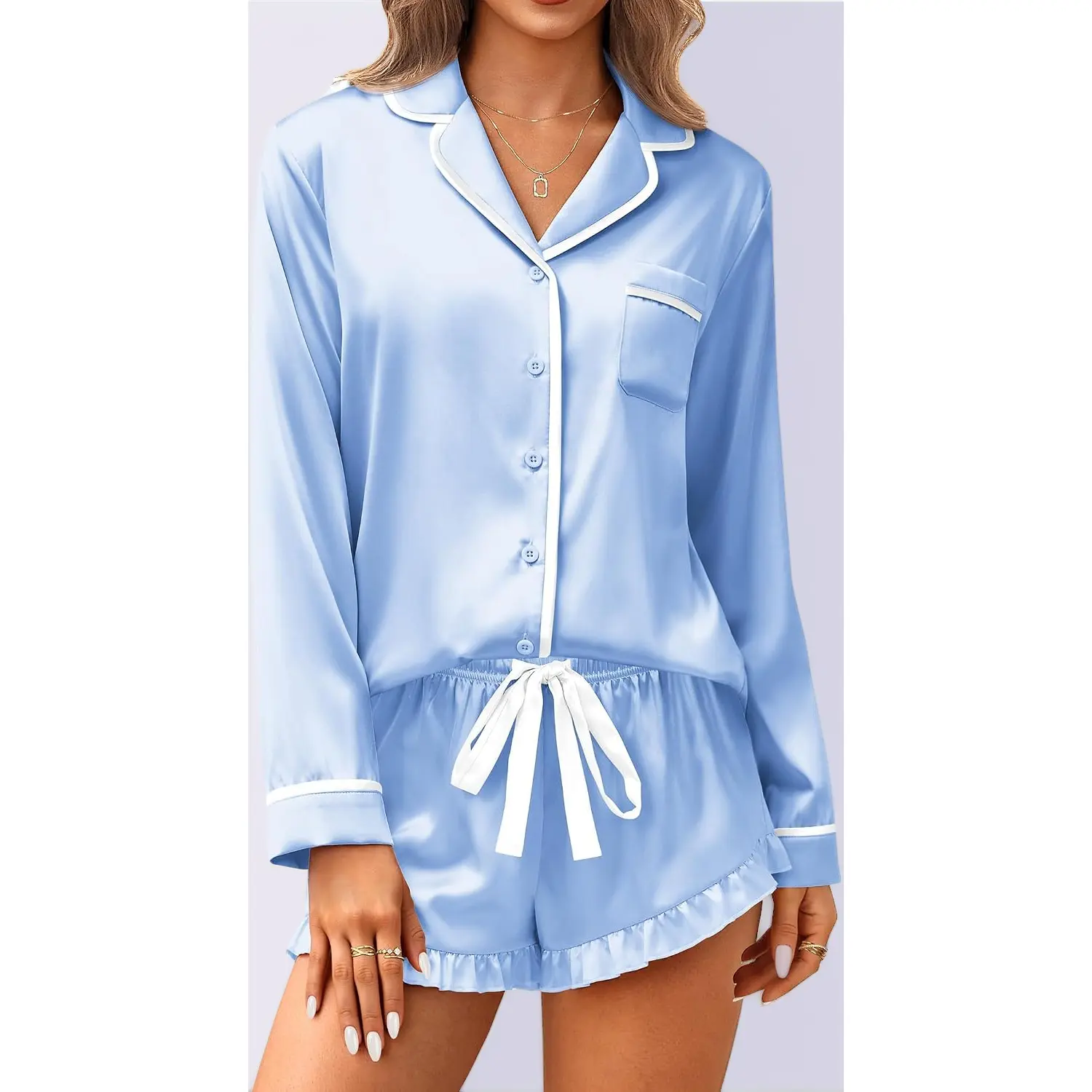 Women's 2-Piece Silk Satin Pyjama Set - Long Sleeve Button-Down Top, Ruffle Shorts Nightwear Loungewear