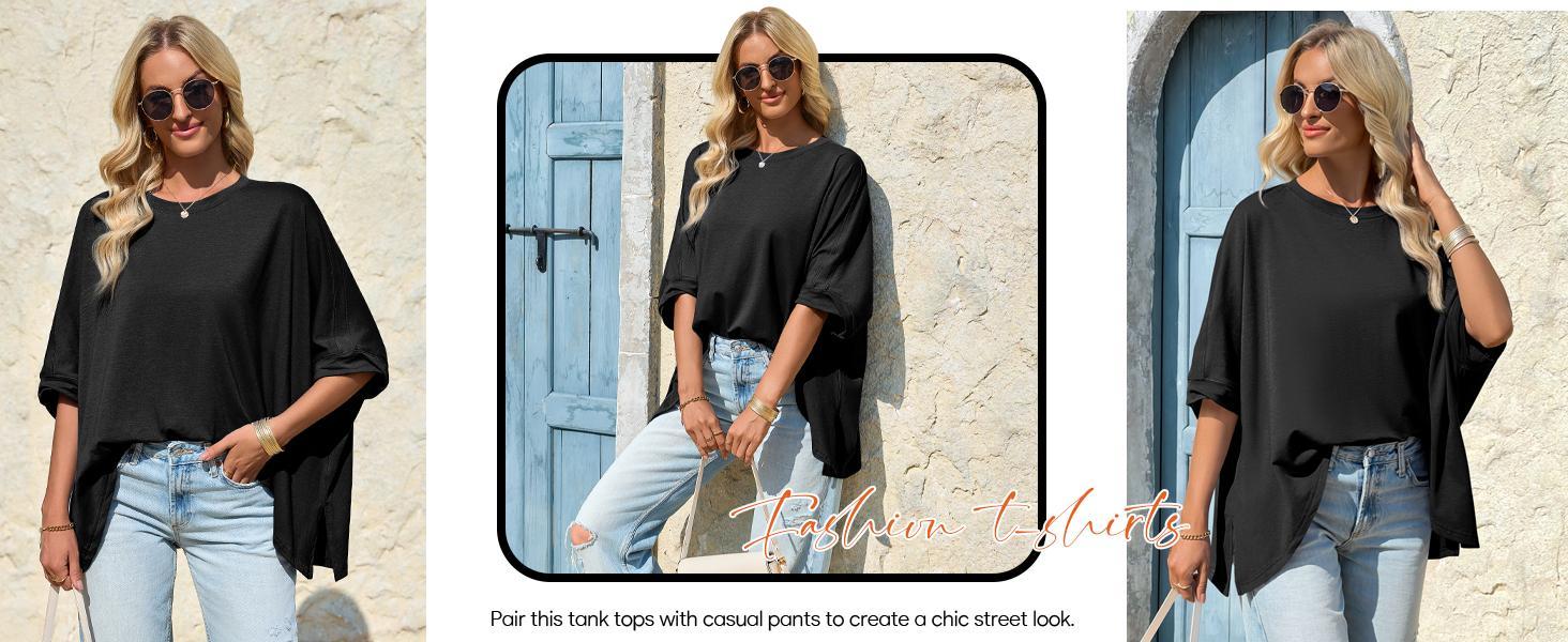 Imily Bela Womens Oversized Tshirts Batwing Short Sleeve Asymmetric Hem Tops Summer Casual Loose Fit Tunic Tee Shirts SpringStatements