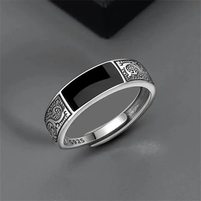 Male Retro Dragon Print Open-Mouth Engagement Ring - Customized Ethnic Style Minimalist Fashion Costume Jewelry for Black Men, Engagement Rings