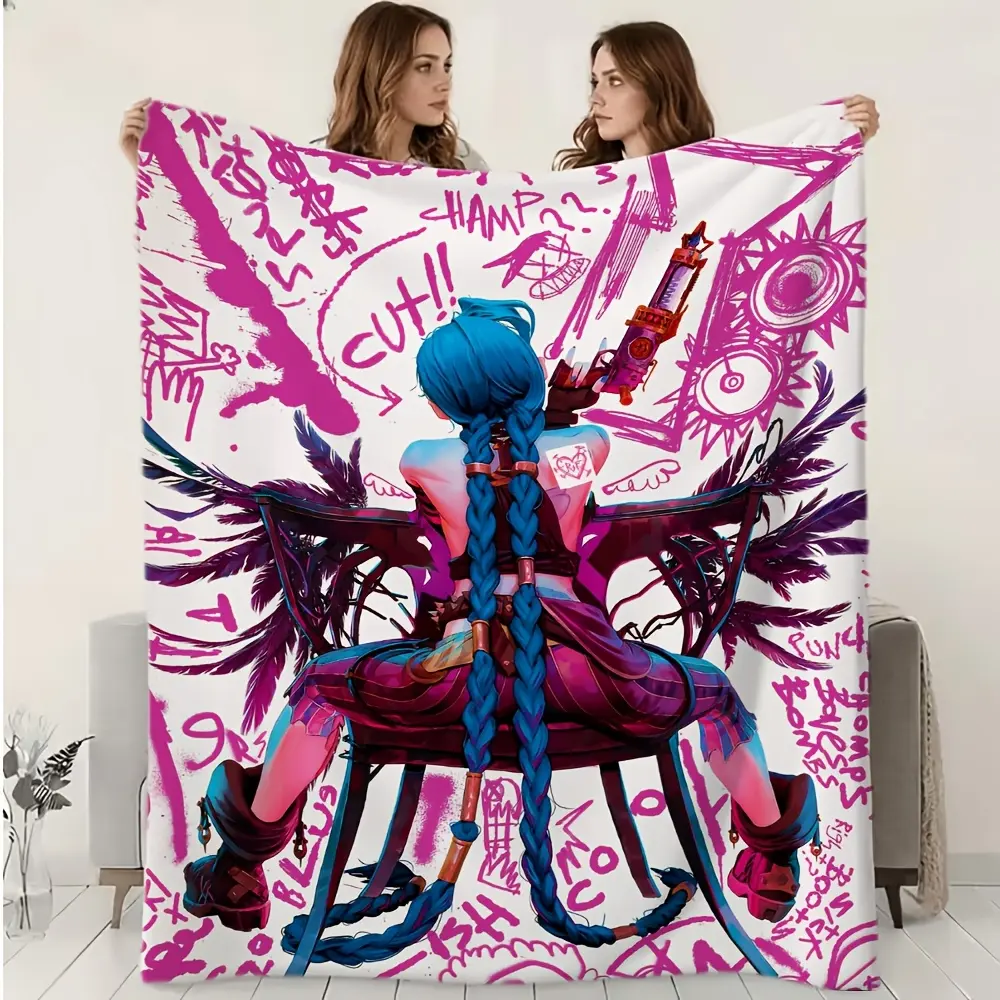 Jinx Back Portrait Crazy Graffiti Sketch Art Print Flannel Blanket All Season Cozy Travel Blanket, Perfect Birthday Gift For LoL & Arcane Fans