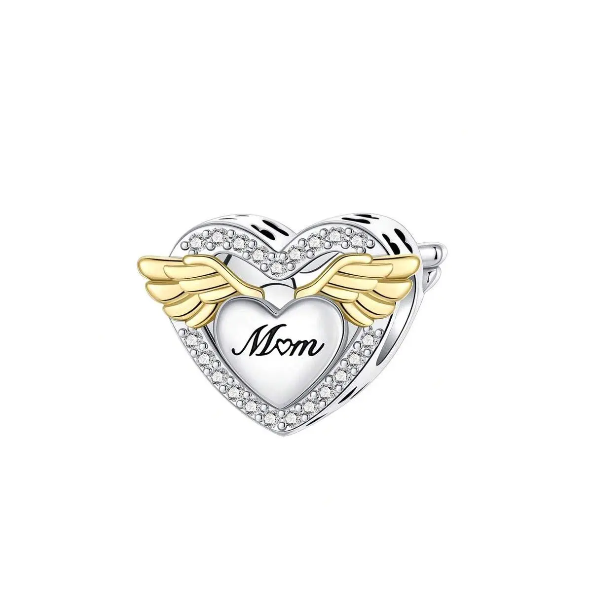 Silver-Plated Pendant, Heart-Shaped Mother Angel Wings Diamond & Pearl Pendant Charm, Suitable For DIY Bracelet & Women Jewelry