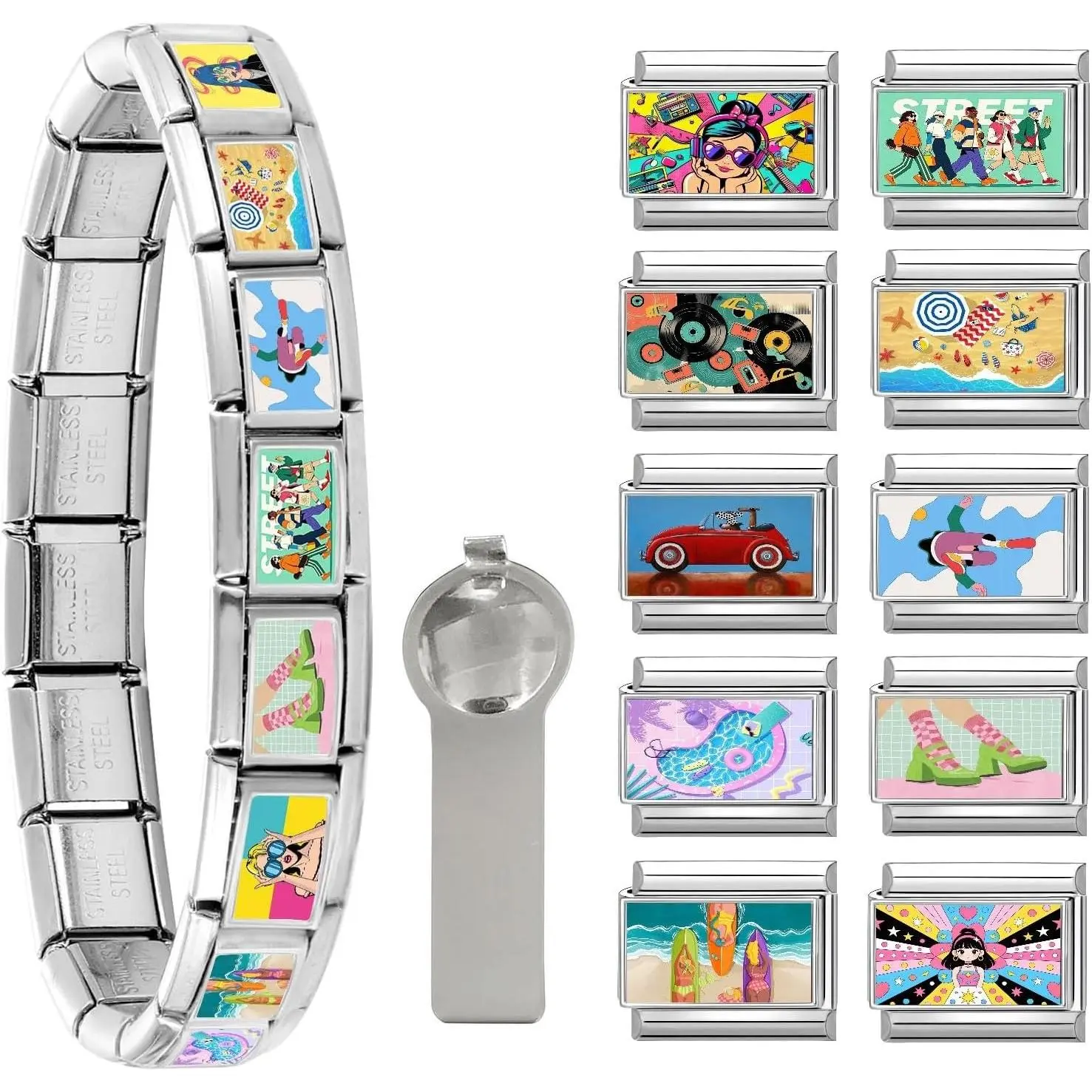 Italian  Bracelet  Set with Starter Brascelet  Charms and Opening Tools 9mm Modular Italian  Bracelet Links  DIY
