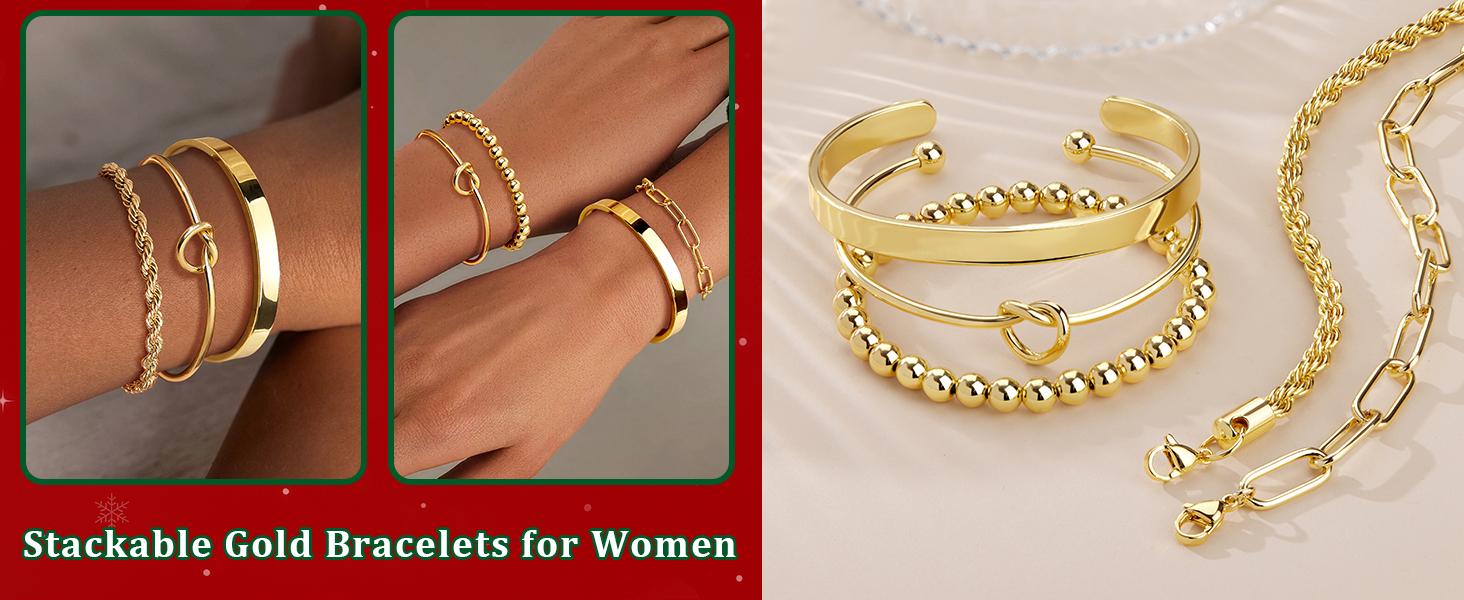Gold Bracelets Set for Women Non Tarnish, 14K Gold Plated Sterling Silver Chunky Cuff Bracelet Stackable Gold Bangles Bracelet for Women Trendy Fashion Accessories Tie Knot Cuban Rope Paperclip Beaded Bracelet Stack Jewelry Valentines Day Gifts