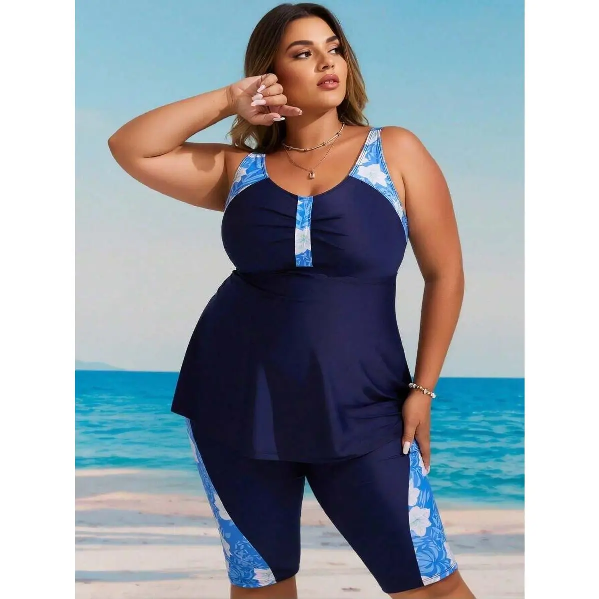 Women's Plus Size Navy Blue Flower Print Tankini Swimwear Set, Tankini Swimsuit With Knee-Length Panel Shorts