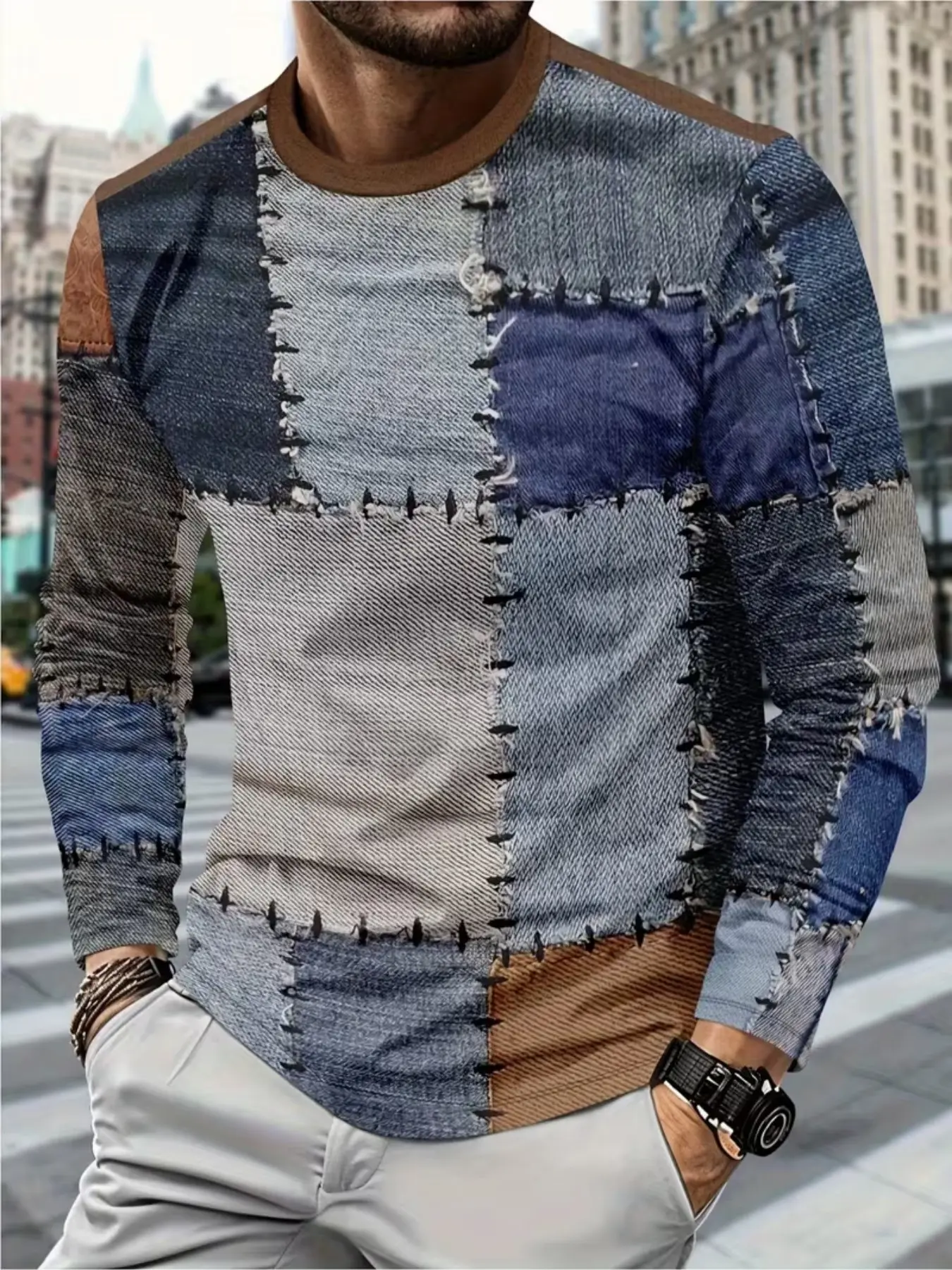 Men's Long Sleeve T-Shirt, Vintage Denim Patchwork Print, Fitted Casual Graphic Top, Round Neck, All Seasons, Retro Workwear Style, Fashion