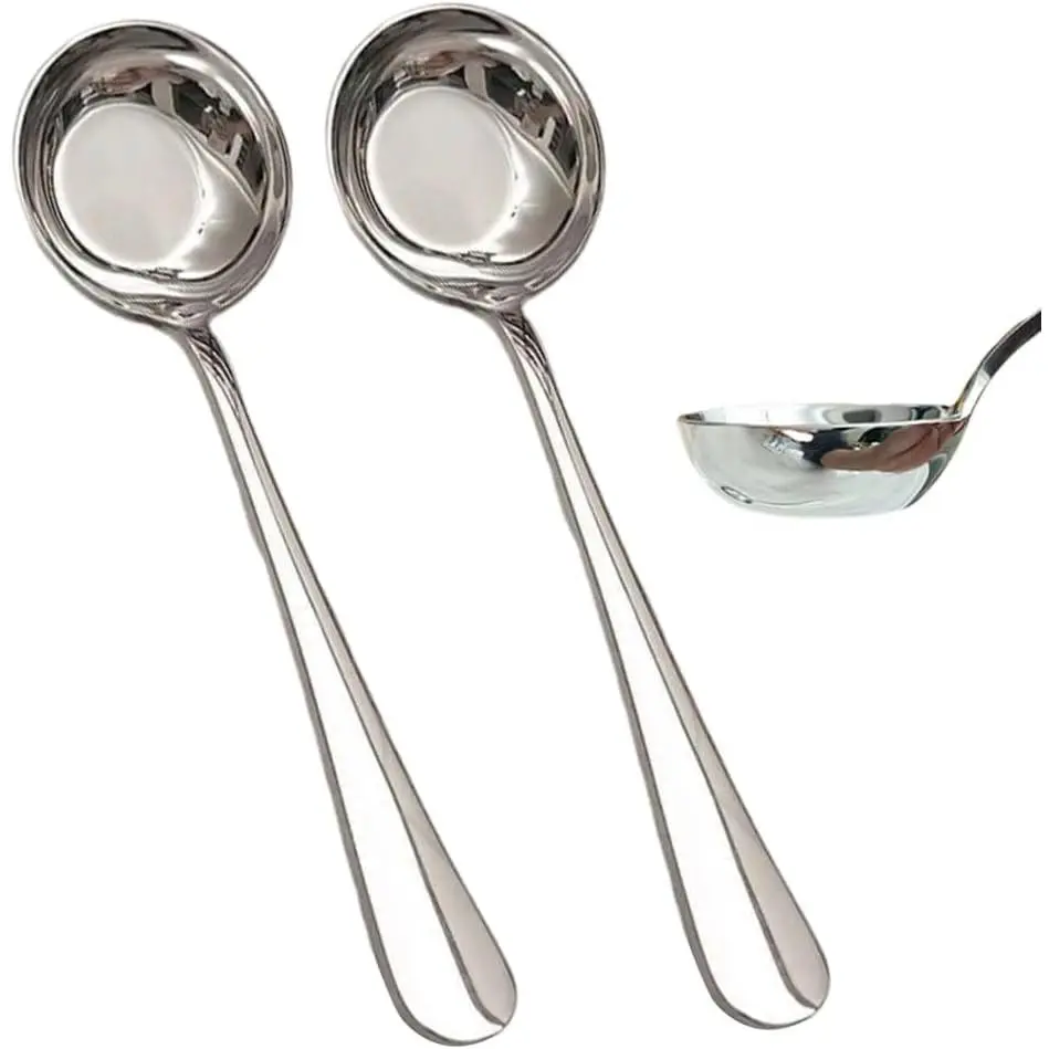 7.1 Inch Heavy Duty Stainless Steel Gravy Ladle Spoon Set of 2, Korean Style Deep Bottom Spoons for Serving Soup, Sauces & Sugar