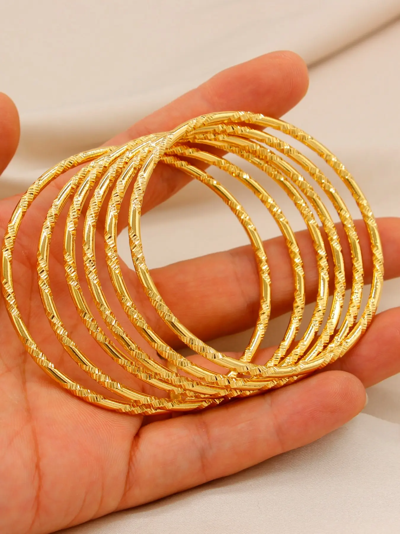 6pcs Middle Eastern Bangle Bracelets, Spiral Texture Closed Loop Fine Ring, Women's Wedding Stackable Gold Plated Bracelets, Stacked Bracelets