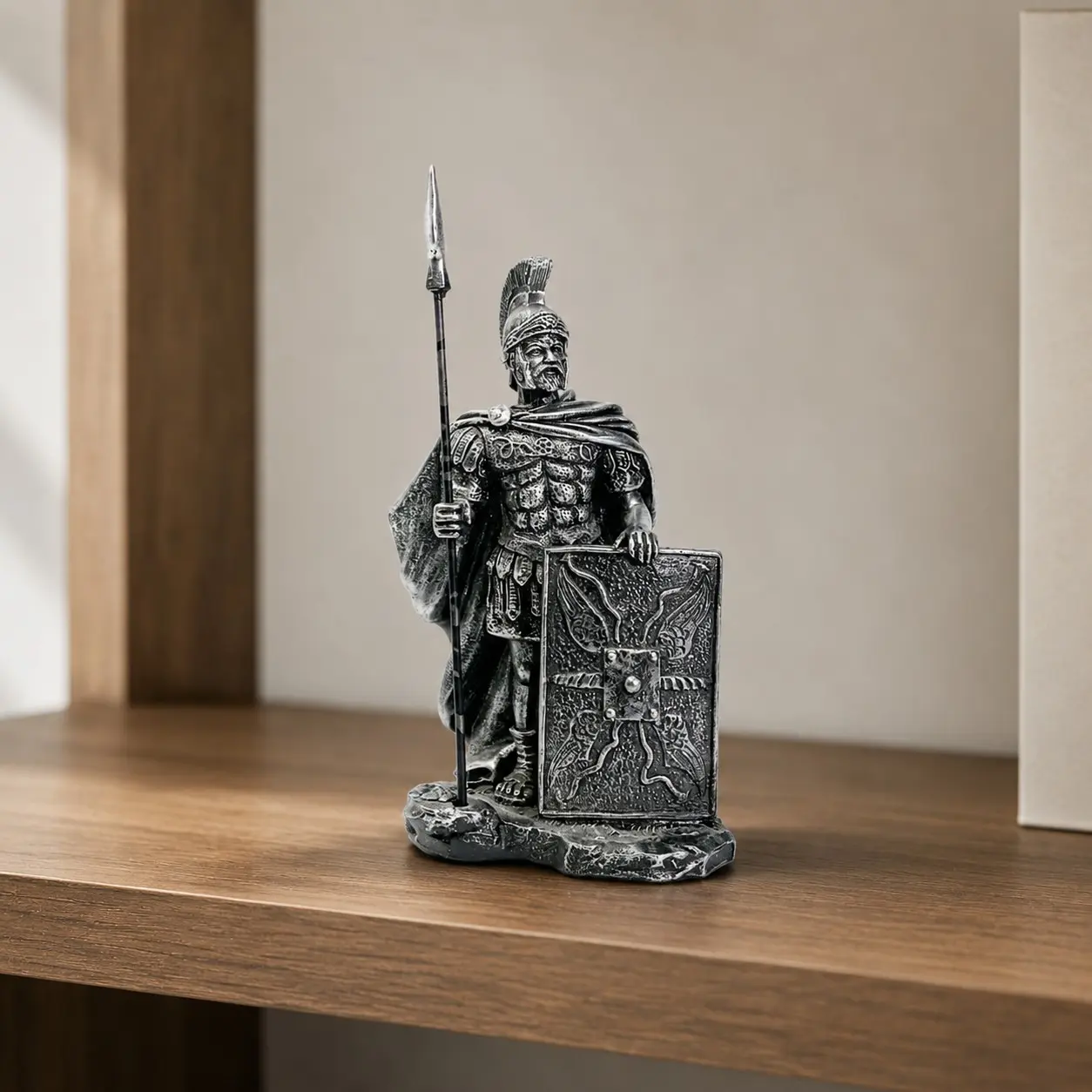 1pc Resin Roman Soldier Statue, Vintage Warrior Figurine with Spear and Shield, Ancient Knight Sculpture for Home Office Desk Decor, History Lover Gift