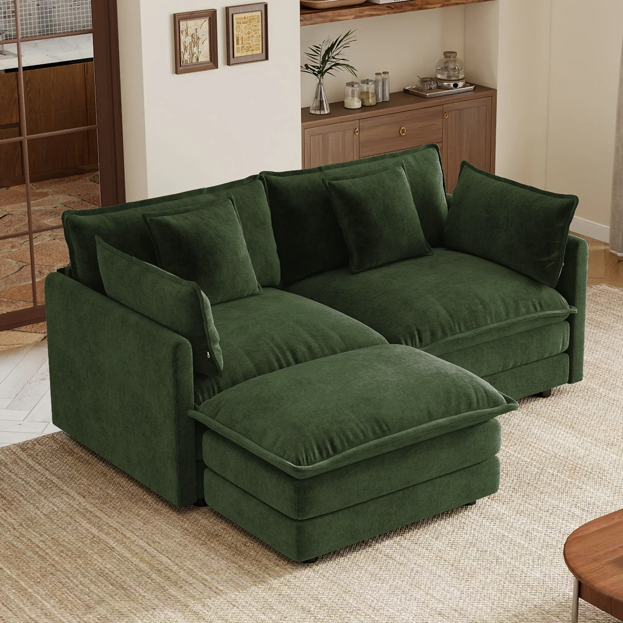 Nokaa L-Shaped 2-Seater Sofa with Ottoman and 5 Pillows for Small Living Spaces, Modular Sectional Couch in Chenille, Solid Wood Frame, Easy Assembly, Green Color, Combo Set