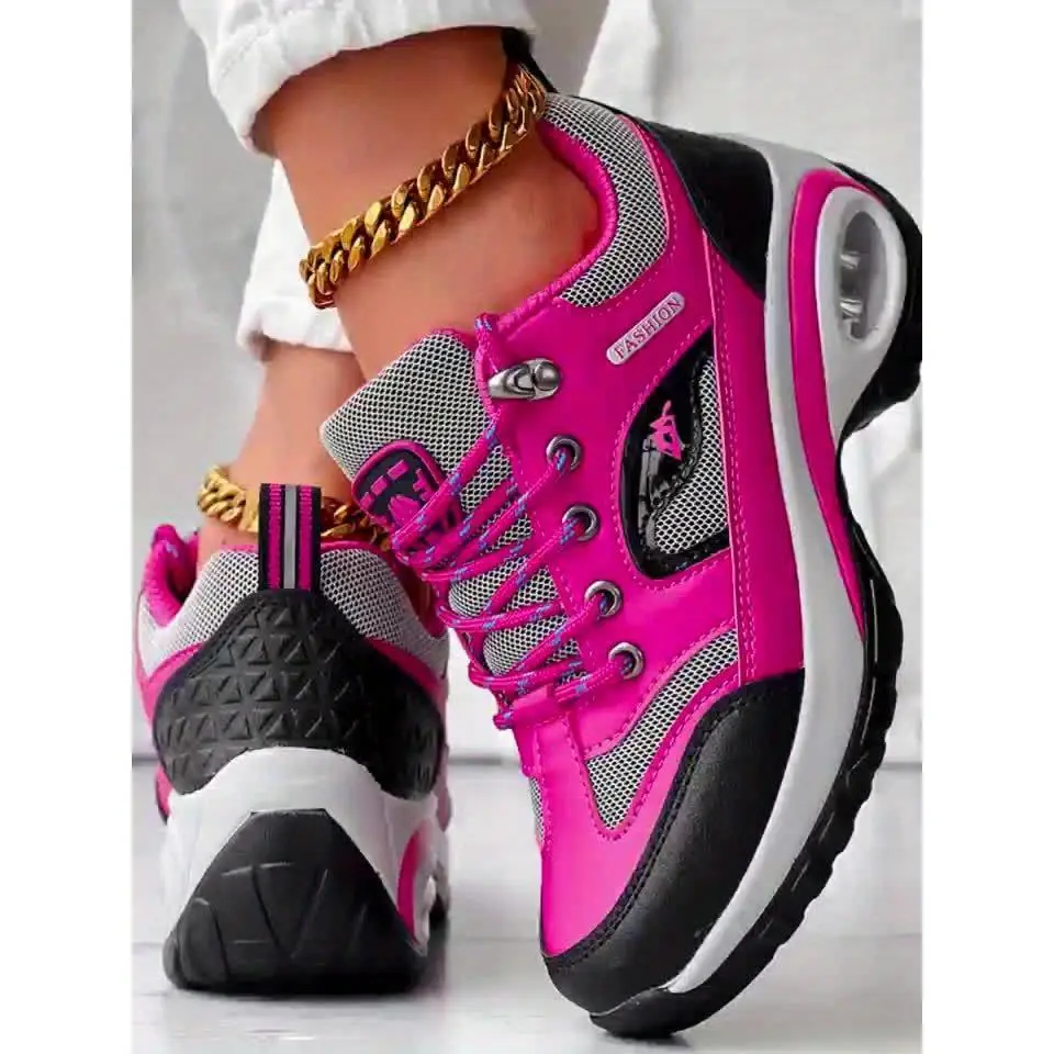 Women's Light Cushioned Hiking Shoes - Lace-Up, Arch Support, European Sizes, Black and Pink Comfortable Outdoor Footwear