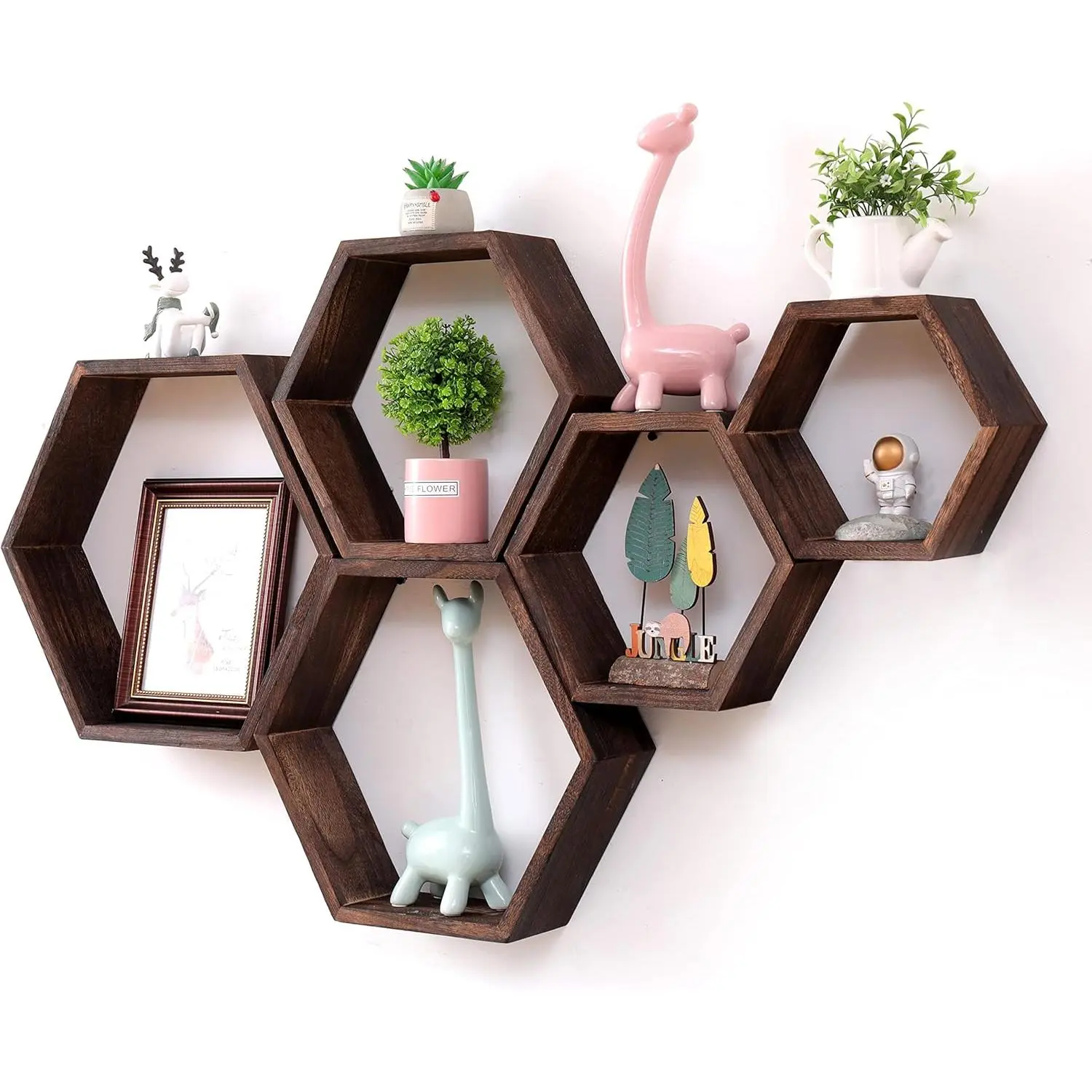Hexagon Shelves for Wall Mounted, Wood Farmhouse Storage Honeycomb Floating Shelves for Wall Decor,Screws Anchors Included,5pc