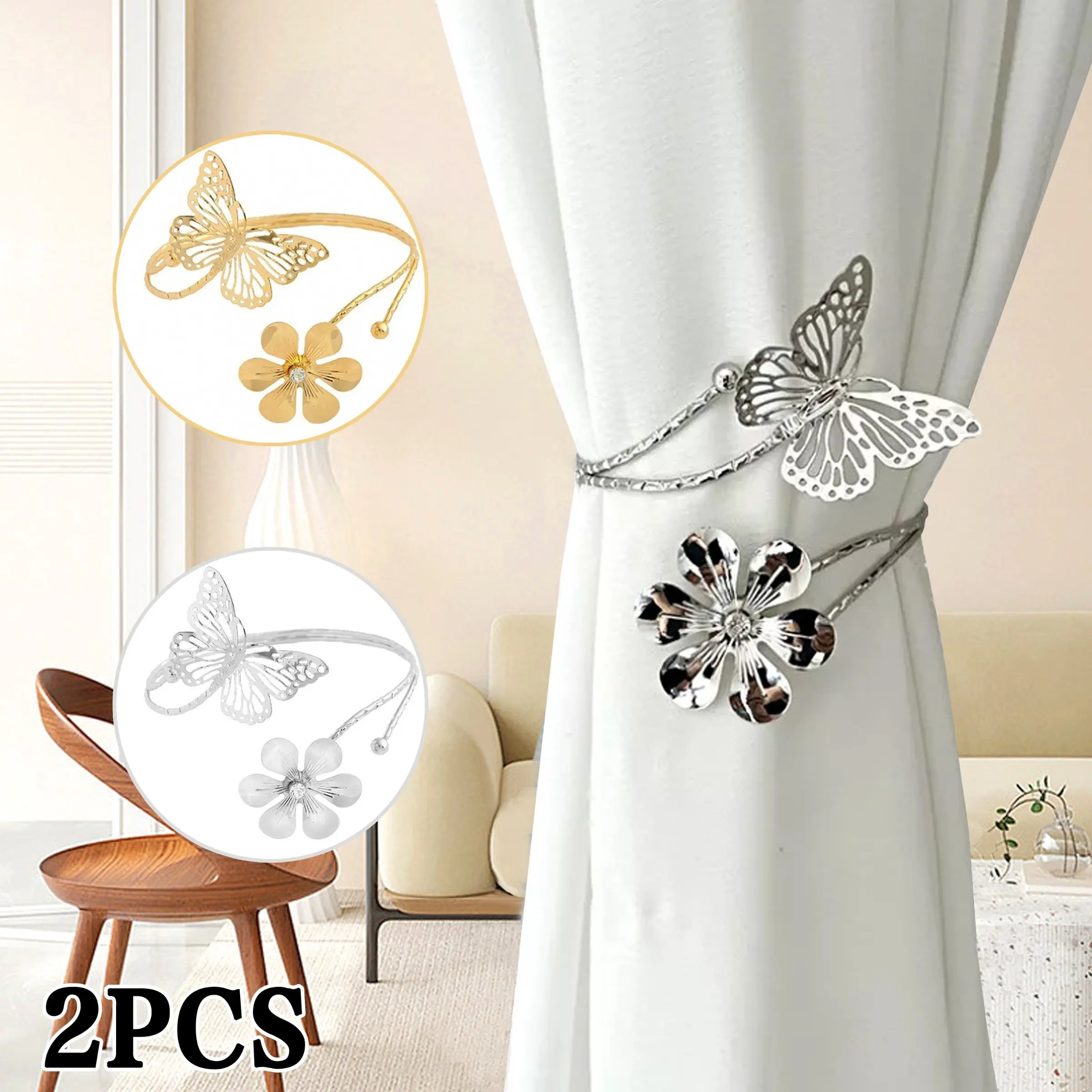 Silver Color Butterfly Flower Metal Construction Curtain Tie Backs Set of 2, No Drilling Adjustable Decorative Curtain Holder Ropes, Elegant Window Accessory, Curtain Tieback