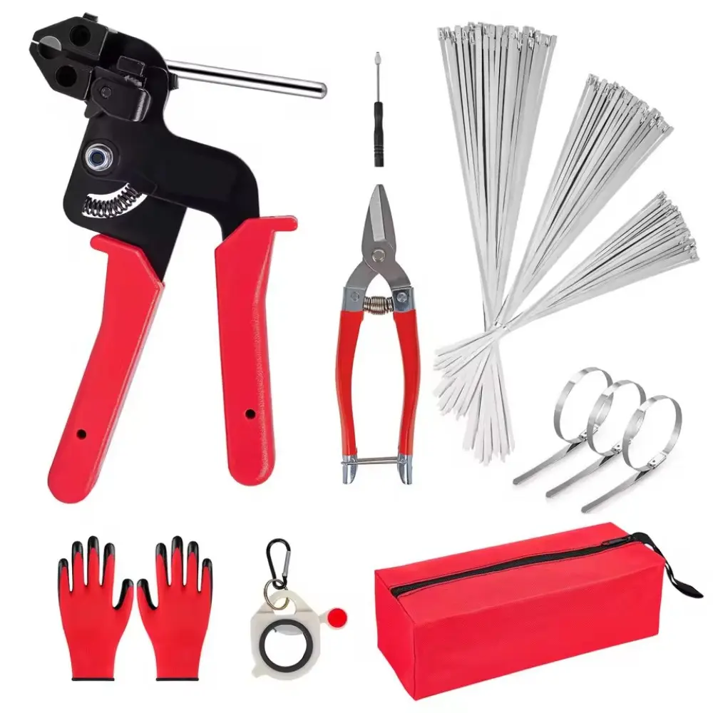 Stainless Steel Cable Tie Gun Tool Kit, Manual Zip Tie Tensioner Cutter All-in-One, Heavy Duty Cable Tie Fastening Cutting Tool Set with Metal Zip Ties, Pliers, Gloves & Storage Bag for Electrical Wiring