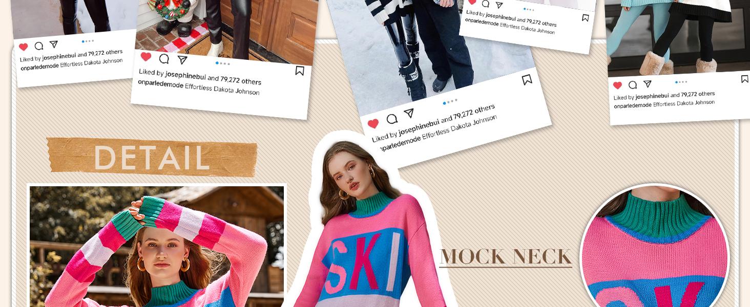 Yousify Womens Sweaters Fall 2024 Oversized Color Block Ski Sweater Crewneck Winter Tops S-2XL