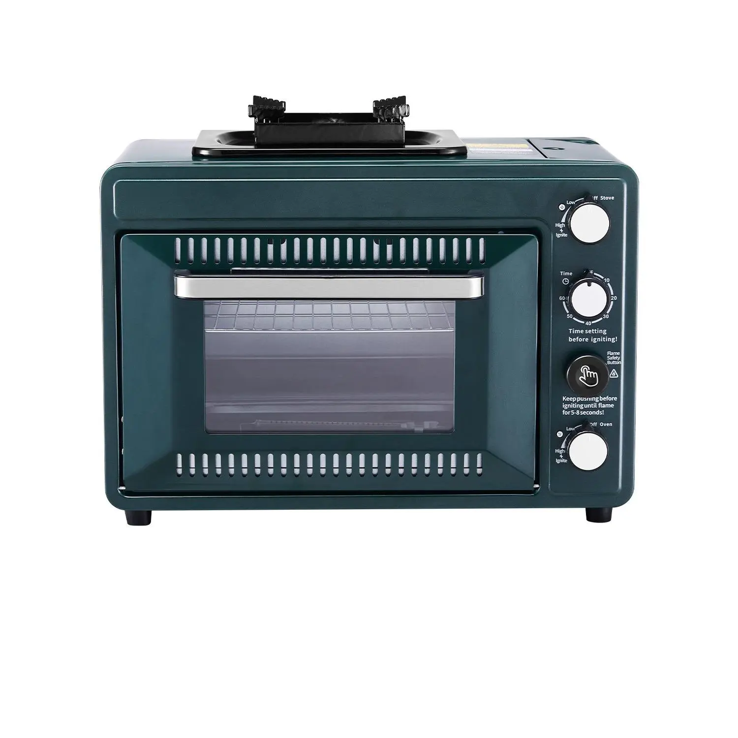 VEVOR 2-in-1 Portable Gas Camping Stove & Outdoor Oven Combo, Compact, Adjustable Fire, 60-Minute Timer, Windproof, Heatproof, with Grill Shelf & Roasting Tray, for Camping Backyard Picnic