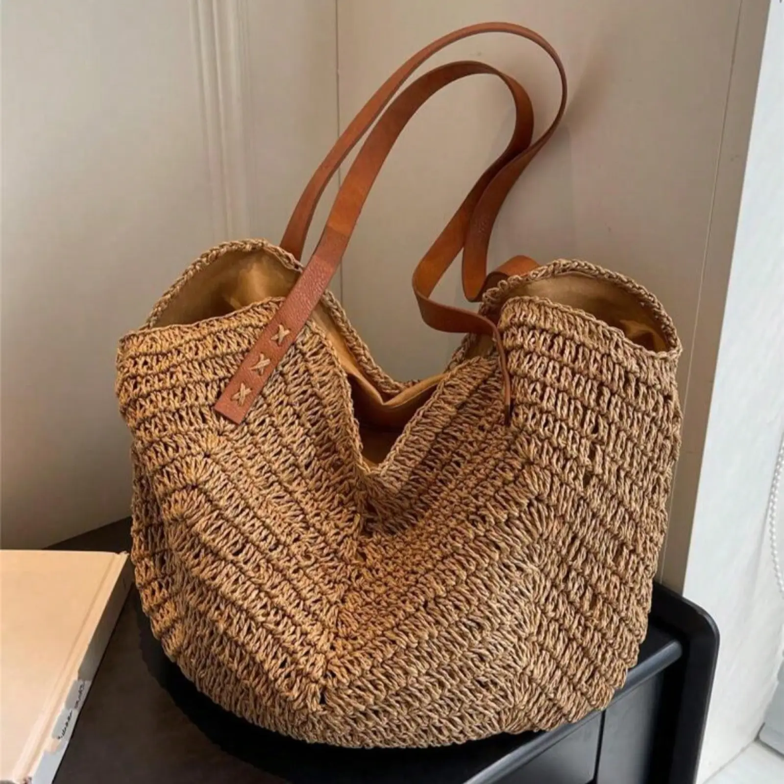 Women's Straw Woven Tote Shoulder Bag, Large Capacity Boho Summer Beach Purse, Holiday Vacation Essentials, Everyday Commuting Handbag Underarm Hobo Bag, Suitable for Beach Vacation, Shopping, Commuting, Daily Use