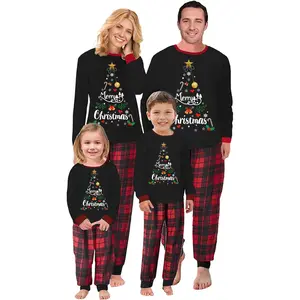 Family Matching Christmas Pajamas, Snowflake Print Long Sleeve Top & Plaid Pants Set, Polyester Spandex Holiday Sleepwear for Men, Women, Kids & Baby Jumpsuit