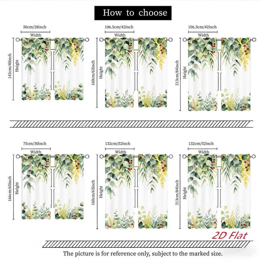 2Pcs Botanical Floral Pattern Eucalyptus Leaf Curtains Digital Printed Rod Pocket, Window Treatment For Bedroom Office Kitchen Living Room Study Home Decor
