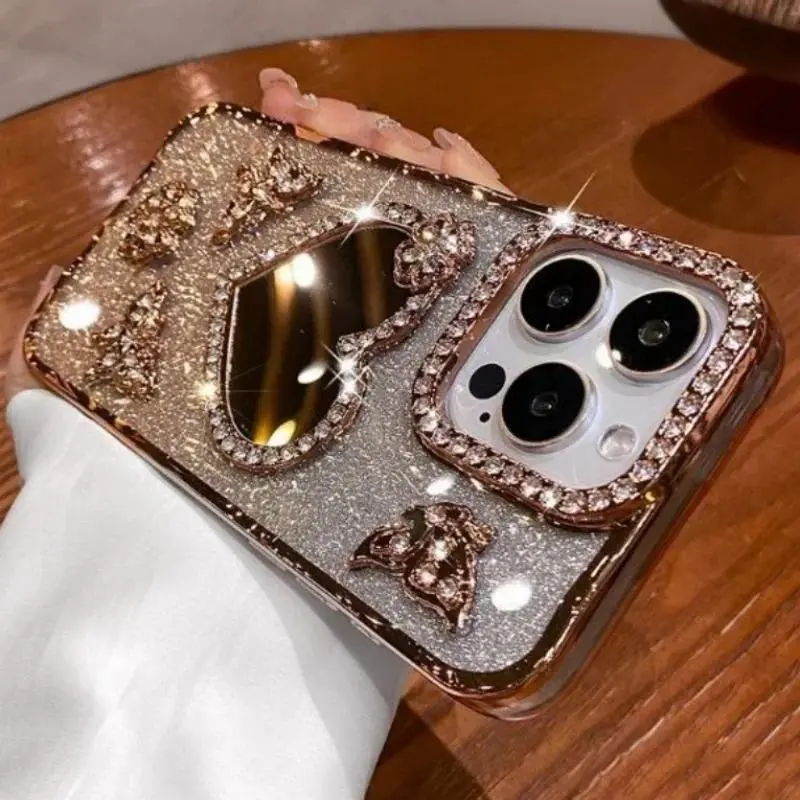 Heart Make up Mirror Case For iPhone 16 Pro Max 15 Plus Plating Butterfly Cover For iPhone 14 Pro 13 12 17 Glitter Diamond Case