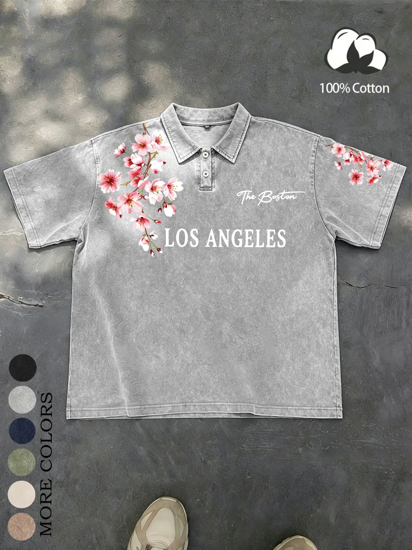 Men’s and women’s versions made of 100% cotton, retro water-washed LA cherry blossom print, reversible collar with buttons, polo shirt with short sleeves. American casual, Japanese-style top. Suitable for campus, hip-hop, high-street fashion, back-to-scho