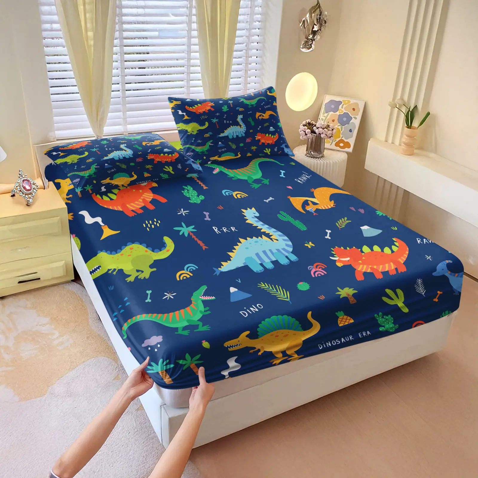 Cartoon Dinosaur Full Wrap Fitted Sheet, Non-Slip Snug Fit No Shifting, Washable Wear-Resistant Dustproof Mattress Cover, Printed Bedding Set