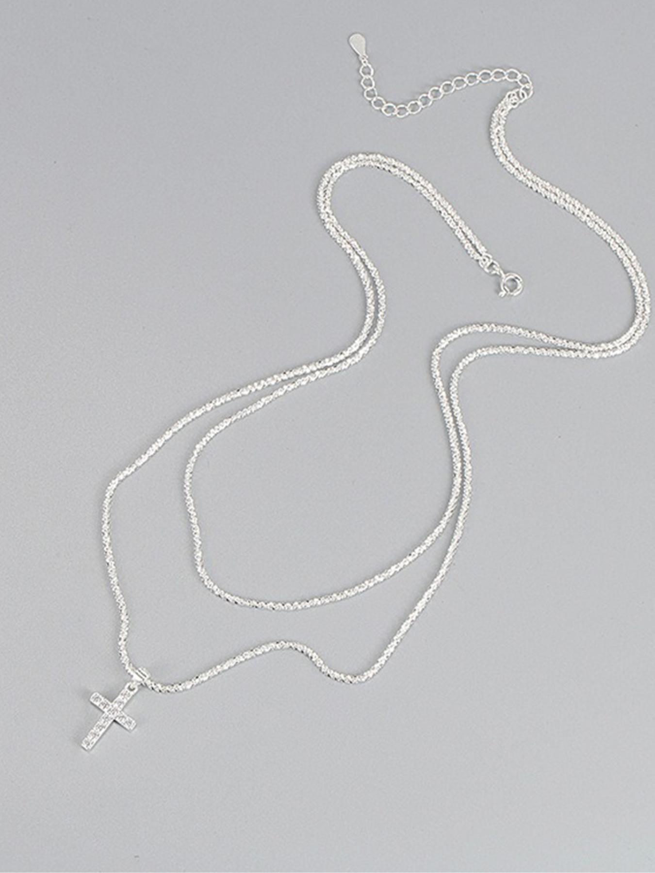 S925 Sterling Silver Women's Elegant Glittering Cross Charm Design Adjustable Pendant Necklace, Cross Chain Design, Exquisite Trendy Pendant Necklace, Chic Jewelry As Gift for Girlfriend, Dainty Cross Necklace, Dainty Necklaces