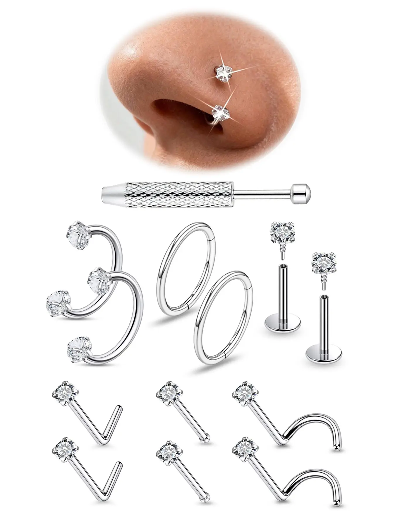 316L Stainless Steel Horseshoe Nose Ring, Internally Threaded, Surgical Steel, Cz Studs, Hoops, Nostril Piercing Jewelry for Women Men, Nose Rings Studs