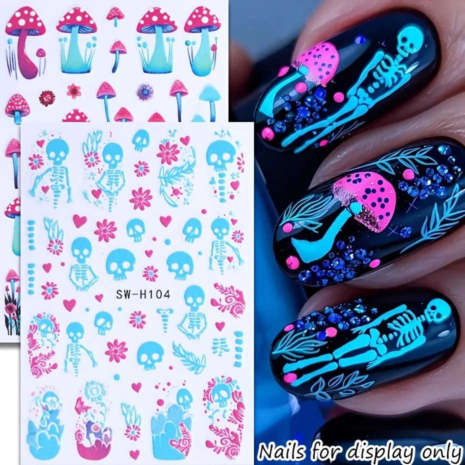 2 Sheets 2 Designs Halloween Glow In Dark Nail Stickers Blue Skeleton Mushroom Floral Gothic Nail Decals, Nail Decoration, Self Adhesive Spooky Nail Art Decor Easy DIY Manicure For Girls Women Salon, For Halloween Cosplay Gothic Party Daily Makeup
