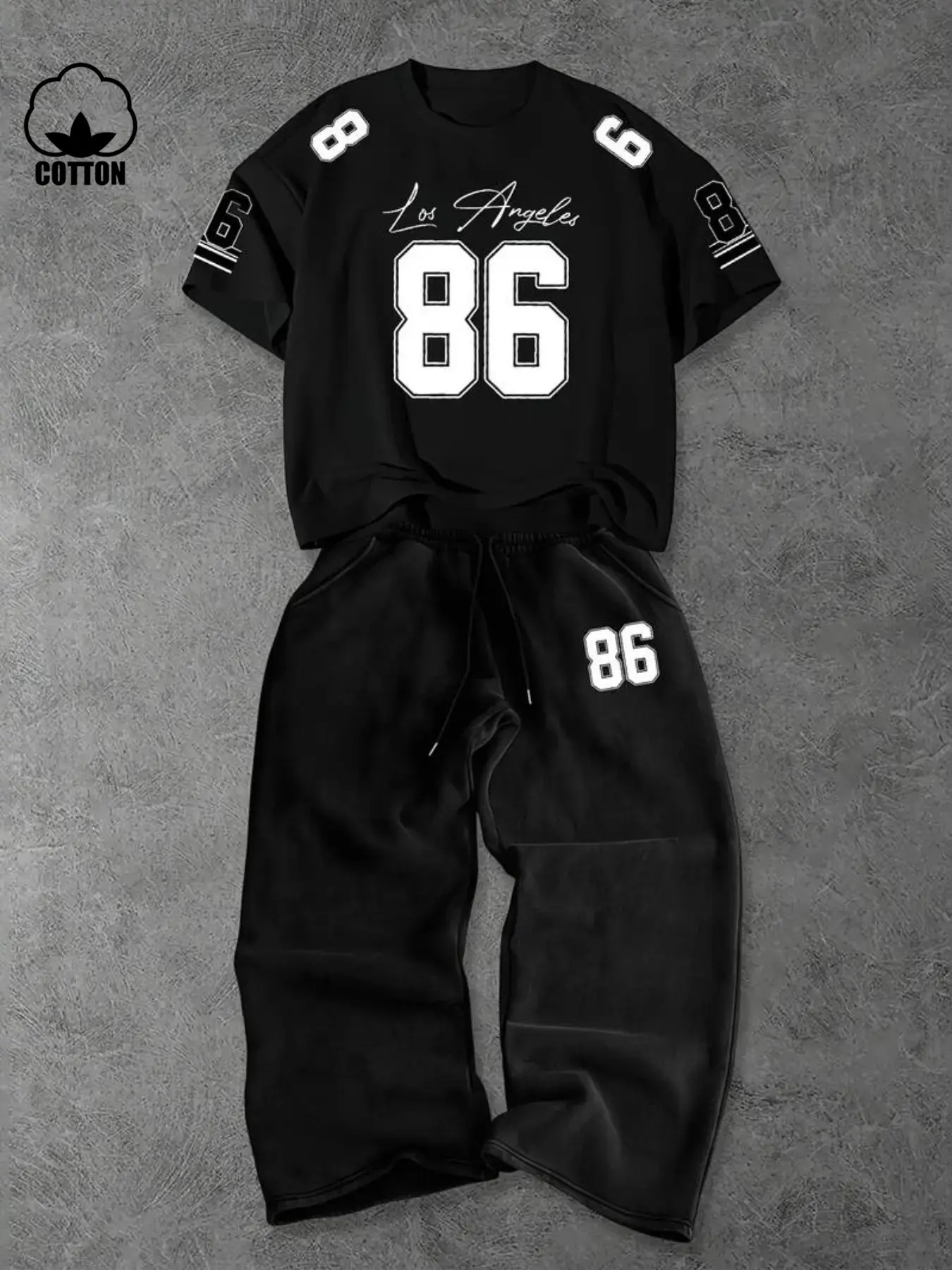 Men Los‑Angeles 86 Number Graphic 2‑Piece Outfit,100% Cotton Oversized Short‑Sleeve T‑Shirt + Loose Wide‑Leg Sweatpants, Vintage Y2K Streetwear Athleisure Tracksuit, Suitable For Gym,Skate,Camping,Daily Commute