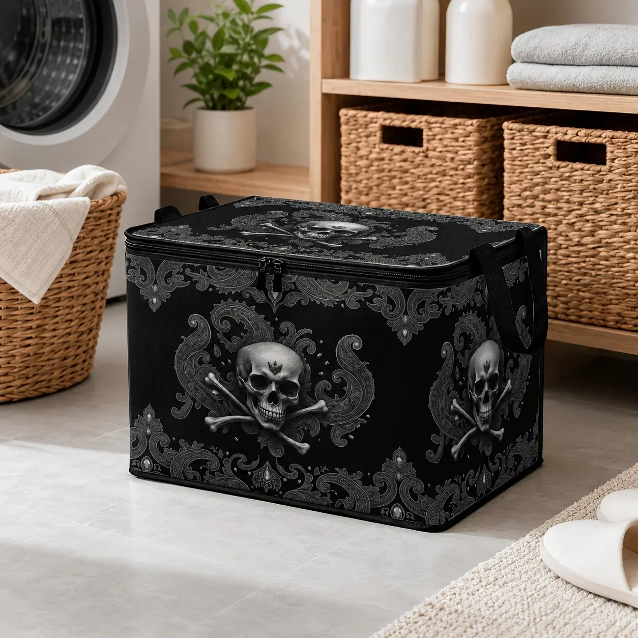 Dark Skull Fabric Storage Box, Vintage Pattern, Large Capacity, Halloween Decor, Christmas Ornaments, Foldable, foldable storage containers, Friday Deal