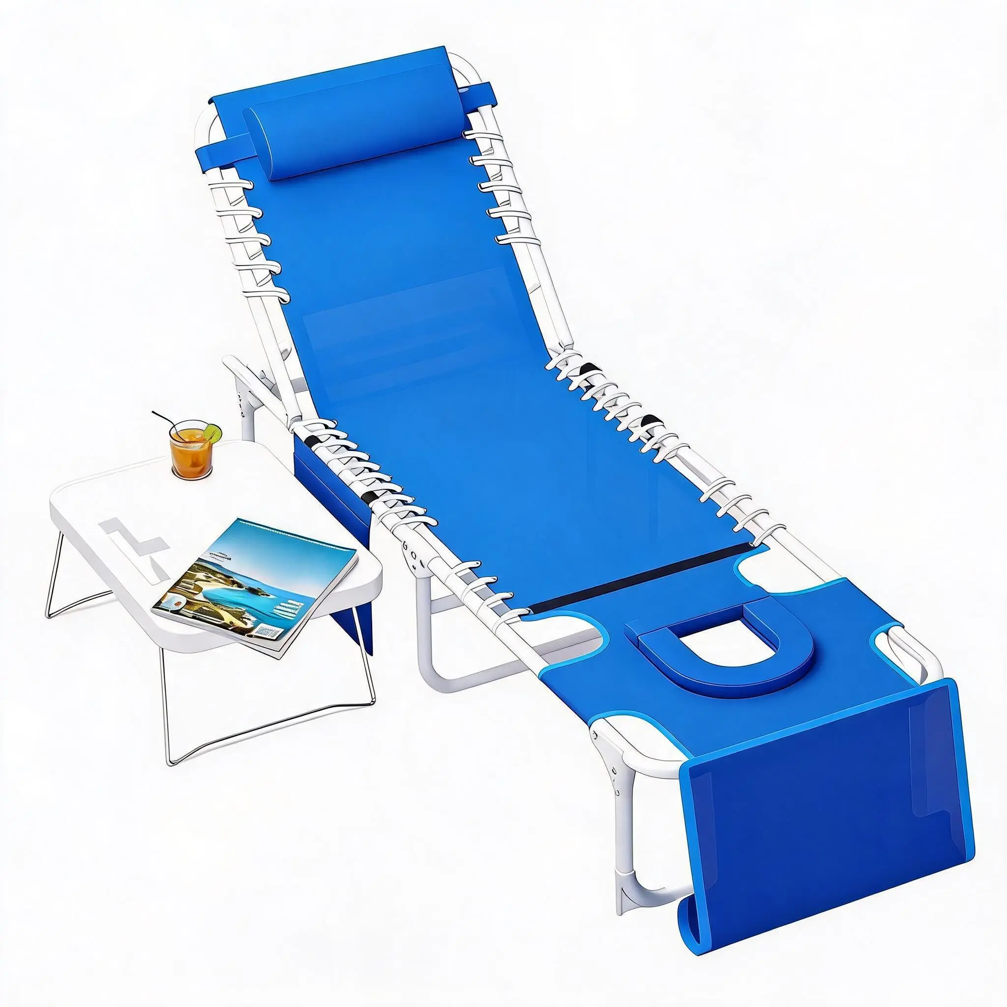 3-in-1 Outdoor Sun Lounger Chair with Face & Arm Hole – 5-Position Adjustable Recliner – Removable Pillow & Portable Folding Table – Heavy Duty Tanning Chair, Max 330lbs – For Beach, Pool, Patio, Camping – Navy Blue