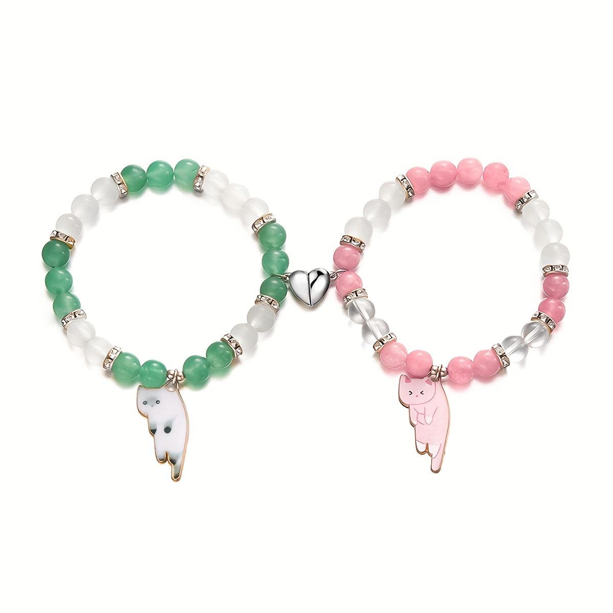 2pcs Magnetic Couple Bracelets with Cat Charms, Romance Style, Matching Friendship Bracelet Set with Heart Pendant, Creative Gift for Cat Lovers