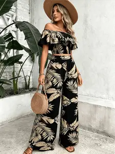 Two-piece set of women's black palm leaf print off-the-shoulder short top + wide-leg pants, light holiday style two-piece set, suitable for tropical vacation, seaside wear, light social afternoon tea, casual street wear