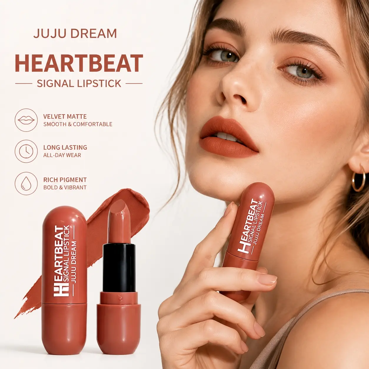JUJU DREAM Heartbeat Signal Matte Lipstick, velvety creamy matte texture with rich pigment payoff, smoothly glides on lips without dragging or drying out. Comfortable long-lasting wear that stays vibrant all day.