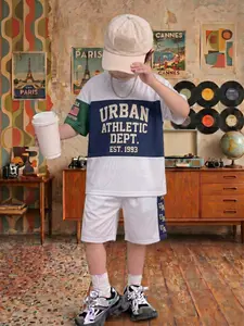 Boys' "Urban Athletic Dept." 2-Piece Outfit, White & Navy Short Sleeve T-Shirt & Shorts, Retro Sportswear Set for NYC Kids