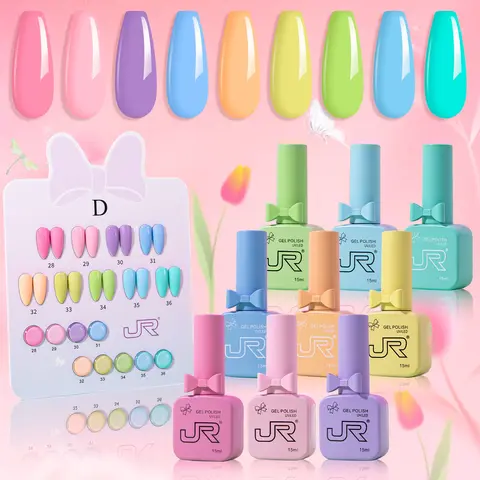 JR Spring Gel Nail Polish Set, 15ml 9 Colors Pastel Gel Polish, Flower Verse Gel Nail Kit, Base and Top Coat, Soak-Off UV, Home Salon Manicure Gel Nail Art, Easter Gift for Beginners and Women