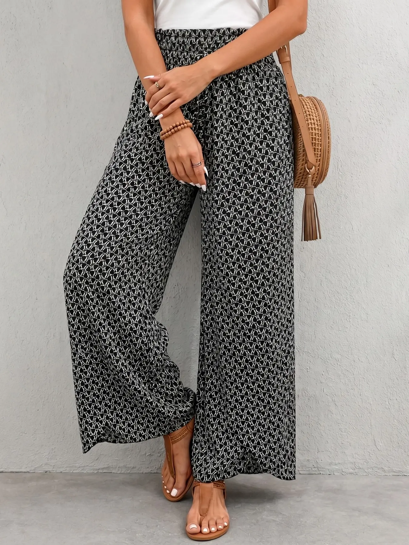 Women's Bohemian Print Wide Leg Pants Bottom, High Waist Flowy Beachwear, Geometric Print Elastic Waist Side Split Design, Boho, Spring Summer Daily/travel Wear