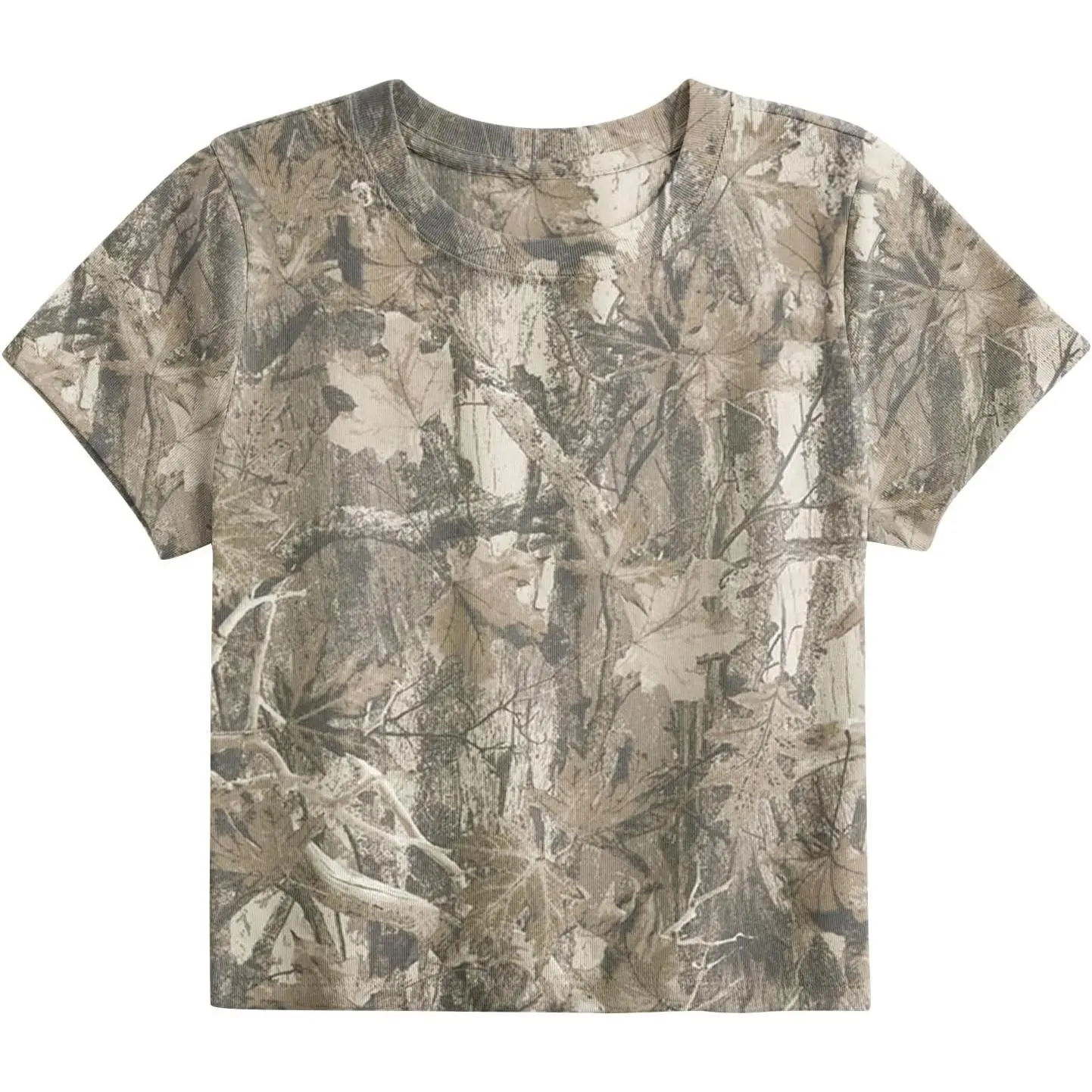 Women Camo Shirt Crop Top Y2K Maple Leaf Graphic Baby Tee Short Sleeve Slim Fit Round Neck T Shirt Streetwear