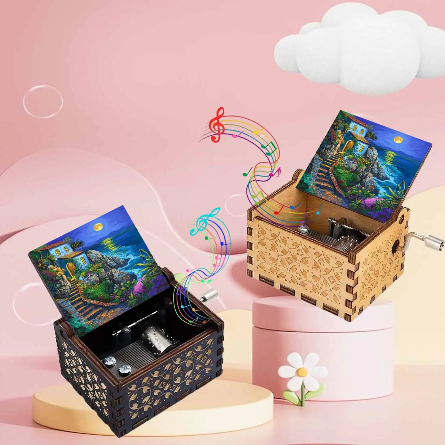 1pc Vintage Wooden Hand-Cranked Music Box, Enchanting Coastal Cottage pattern, Play You Are My Sunshine, Music Box Gift for Family and Friends, Ideal for Birthdays, Christmas gifts, Home Decor I