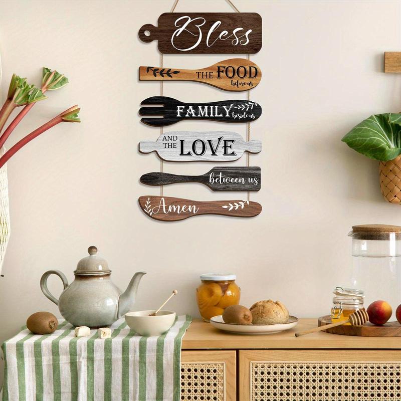 Wooden Kitchen Wall Decor, 1 Set Letter & Kitchen Utensils Pattern Wall Art with Rope, Wall Decor for Home Kitchen and Dining Room