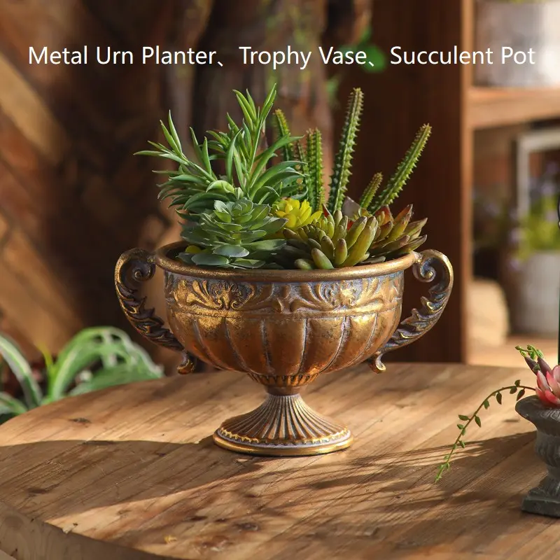 Vintage Distressed Metal Urn Planter, Scroll Handles, Embossed Pedestal, Antique Decorative Pot, Farmhouse Home Decor