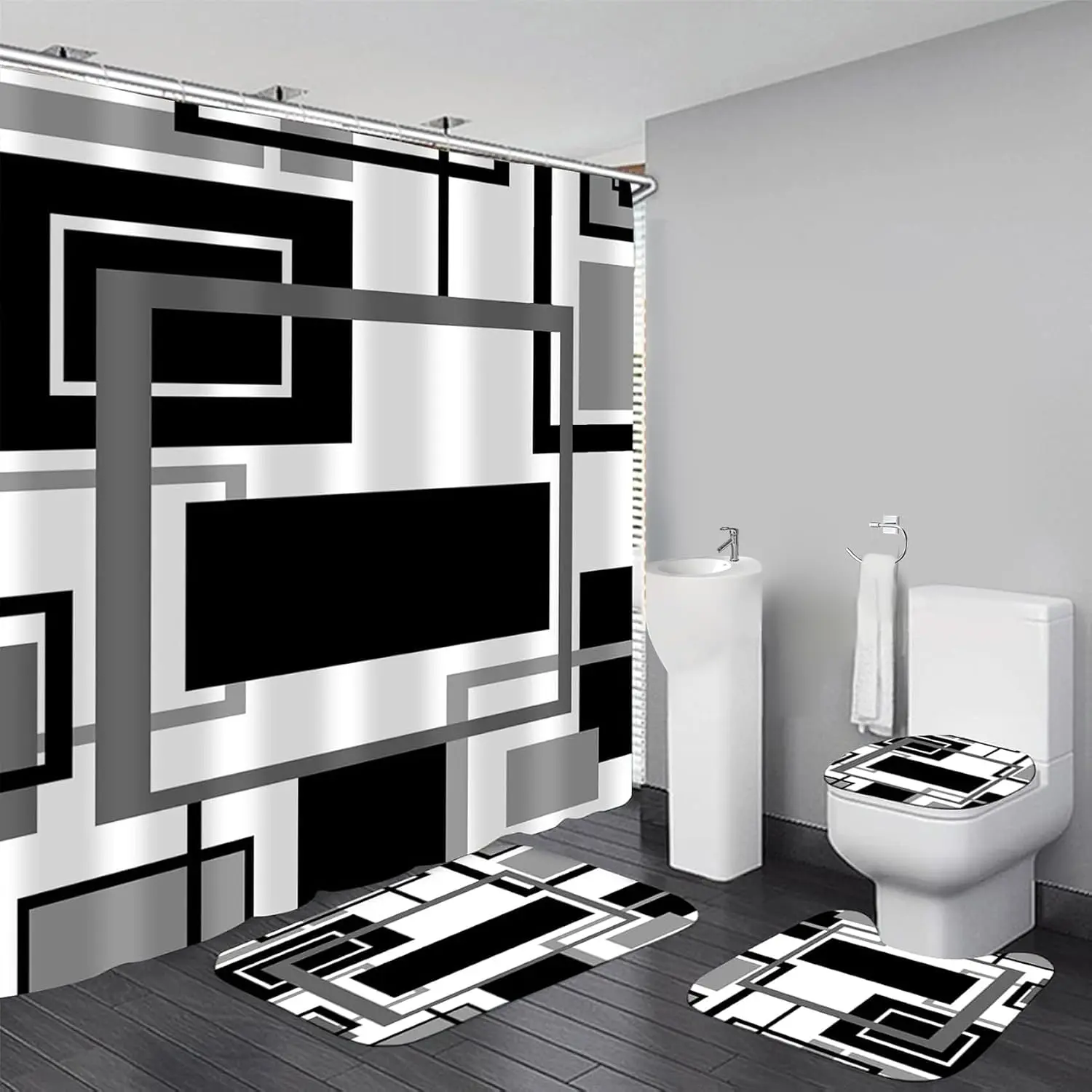 4 Pcs Black Geometric Shower Curtain Sets with Rugs Black Bathroom Sets with Shower Curtain and Rugs Modern Bathroom Curtains Shower Set with Toilet Lid Cover for Bathroom Decor Accessories