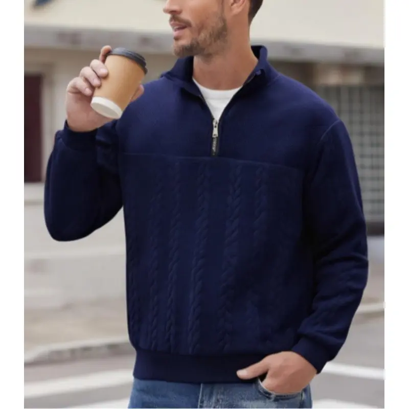 Men's Solid Plain Half-Zip Stand Collar Fitted Cut Pullover Sweater, Warm Casual Adults' Long Sleeve Knitwear for Autumn Winter, Warm Casual Menswear (Sports & Outdoor Clothing), Collared Neck, Warm Pullover